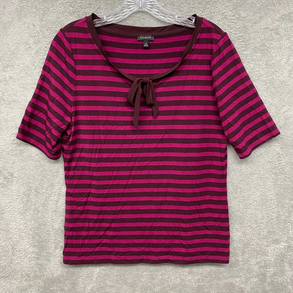 Talbots Shirt Womens Medium Pink Stripe Bow Tie Short Sleeve Pullover Stretch